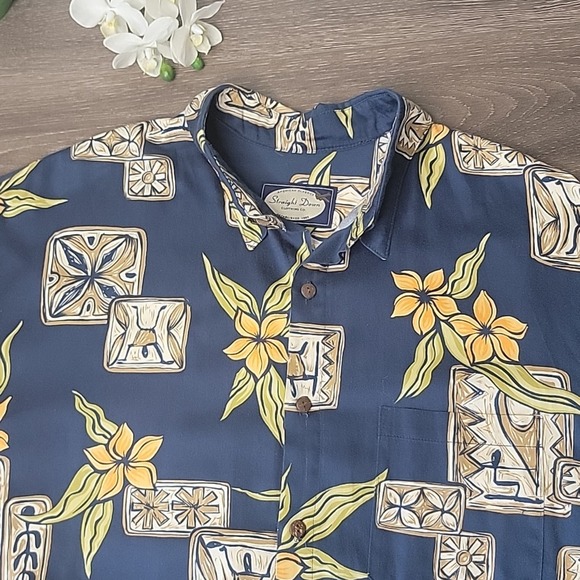 Vintage STRAIGHT DOWN Hawaiian Floral Button Up Shirt Mens XL Blue Sateen USA - Picture 1 of 6
